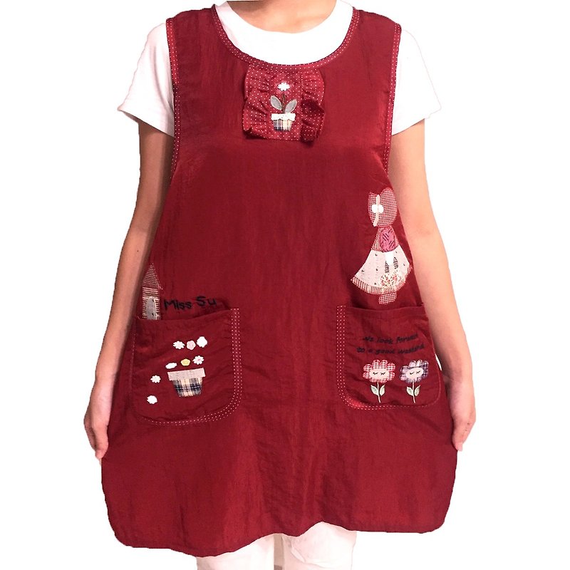 [BEAR BOY] Mercerized Cotton Hat Girl Double Pocket Apron-Red (Side Buckle) - Aprons - Nylon Red