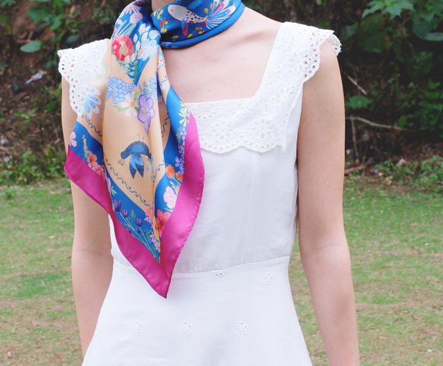 Large Silk Scarf Exquisite Gift Box] Chunyu Blue Flower