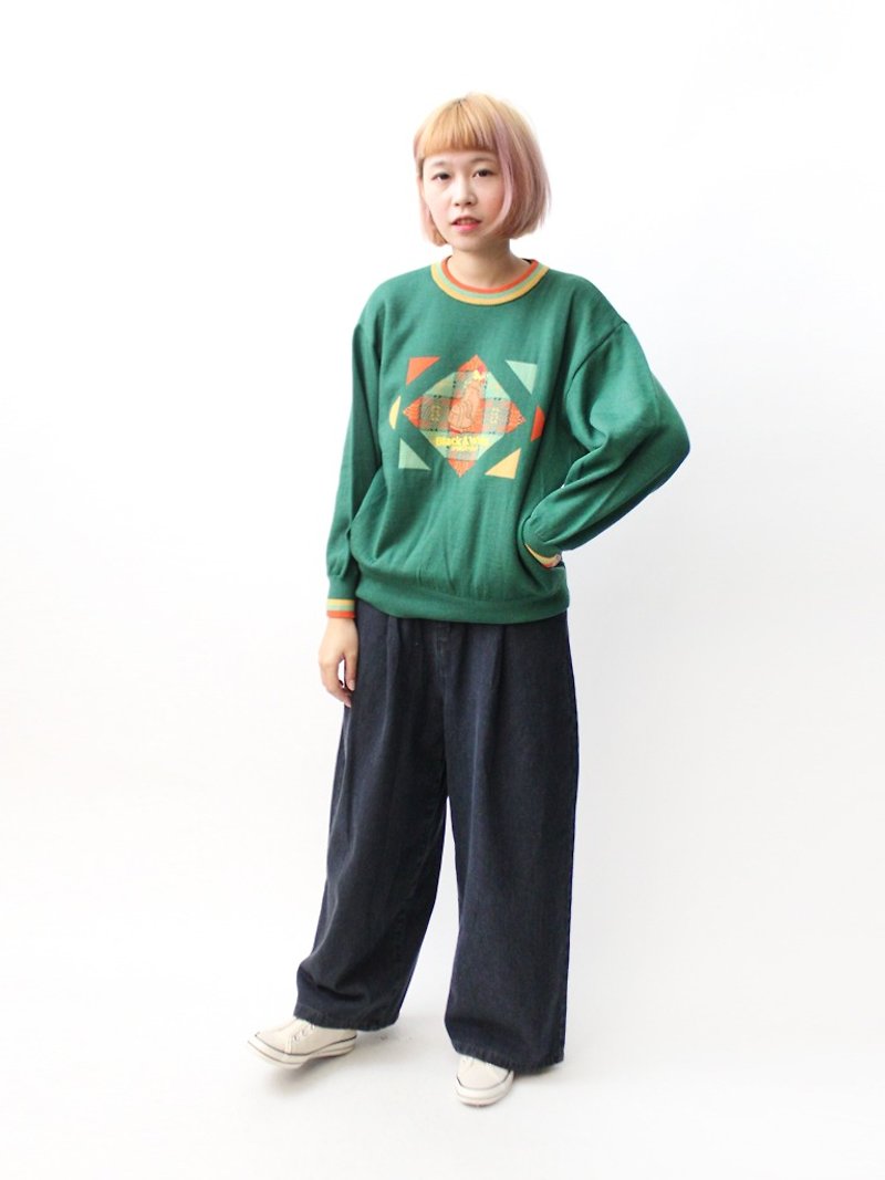 【RE1204SW020】日本製俏皮綠色針織圓領寬鬆羊毛古著毛衣 - 毛衣/針織衫 - 羊毛 綠色