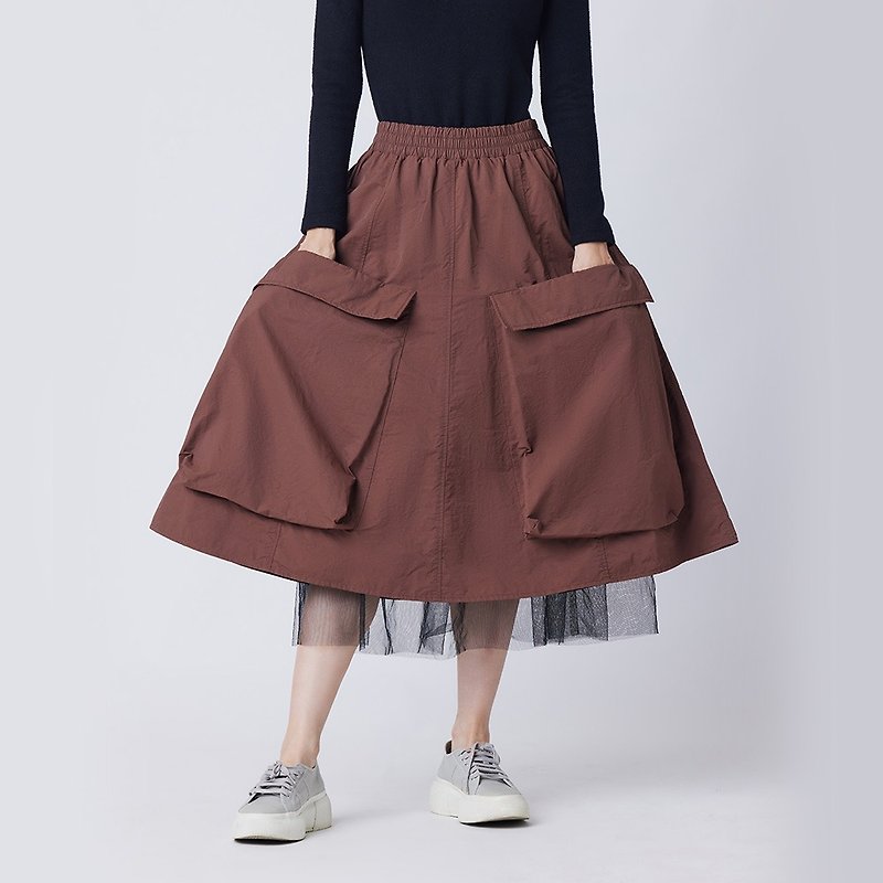 コットンブレンドポケットマキシスカート - スカート - その他の化学繊維 ブラウン