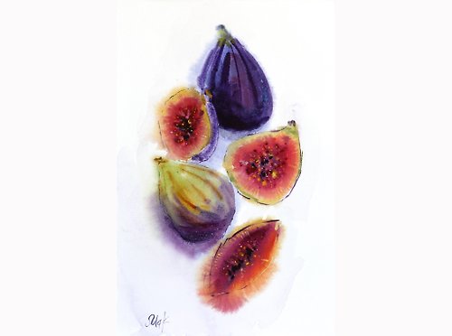 Nataly Mak Figs Painting Abstract Fruit Original Wall Art Still Life Food Watercolor 12x8''