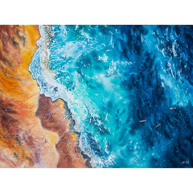 Seascape Original Watercolor Painting Seashore Top View Artwork - 掛牆畫/海報 - 紙 多色