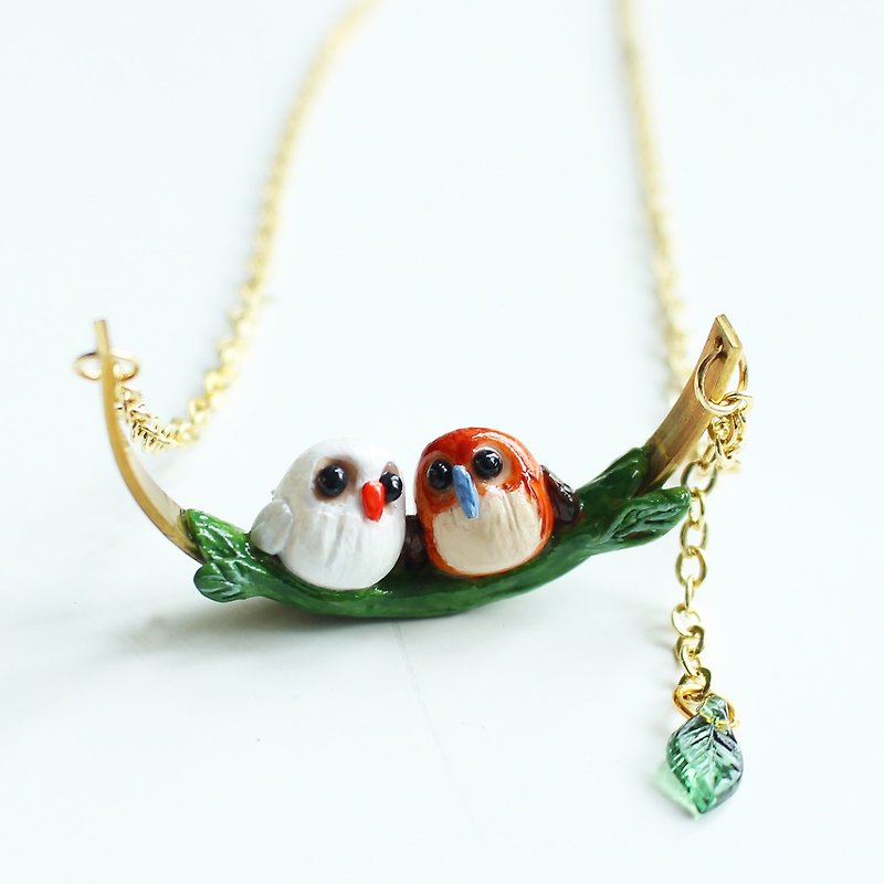 Love II Owls necklace - polymer clay handmade necklace - สร้อยคอ - ดินเผา สีเขียว