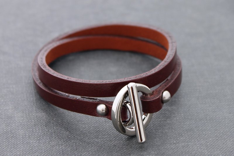 Brown Leather Wrap Bracelets Genuine Leather Cuff Stainless Short Necklaces - สร้อยข้อมือ - หนังแท้ สีนำ้ตาล