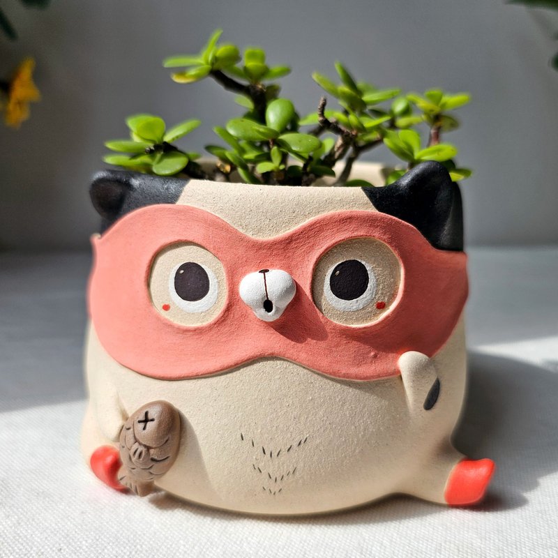 Cat plant pot, a cute fish thief. Handmade animal planter. - 花瓶/花器 - 陶 