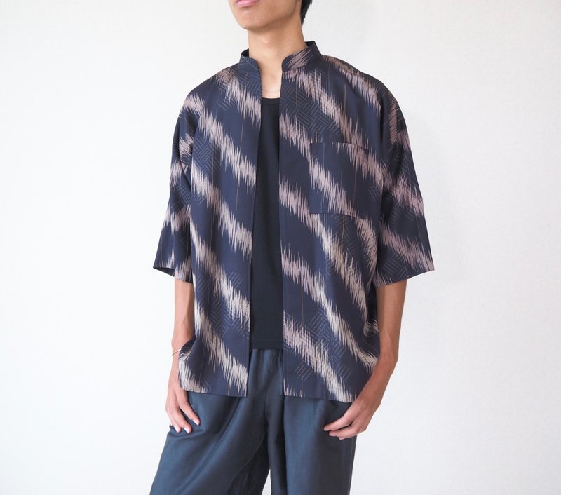 【日本製】perfect summer Kimono shirt, men's shirt, half sleeve Kimono shirt - Men's Shirts - Silk Blue