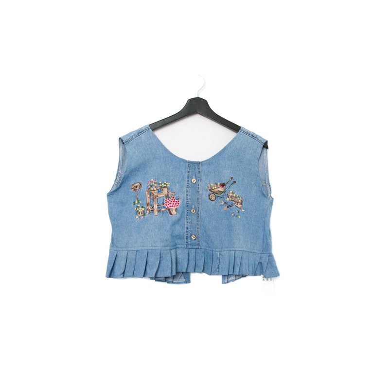 Back to Green-丹寧刺繡背心 花店 絢麗花朵 dv-13/vintage vest - 背心/無袖上衣 - 棉．麻 