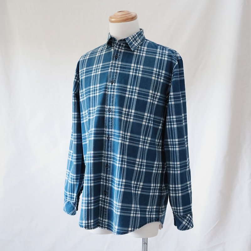 INDIGO Classic Check Washed Long Sleeve Shirt - Men's Shirts - Cotton & Hemp Blue