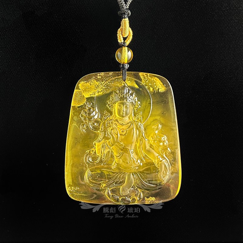 騰彪琥珀 天然金絞意境蜜蠟 精工綠度母 招財轉運 精品款 繩鍊 - 項鍊 - 半寶石 黃色