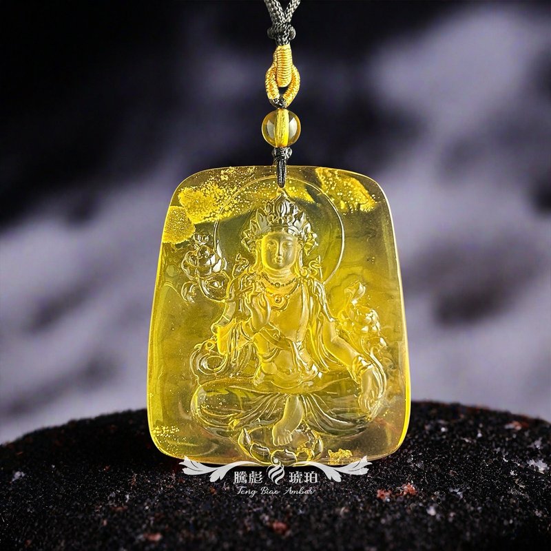 騰彪琥珀 天然金絞意境蜜蠟 精巧なグリーンターラー彫刻 コレクション正規牌 ペンダントコードネックレス - ネックレス - 半貴石 イエロー