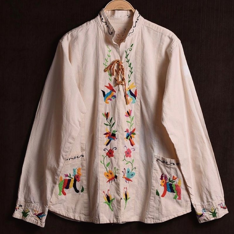 Otomi墨西哥古董手工刺繡長袖上衣/襯衫 - 女上衣/長袖上衣 - 棉．麻 卡其色