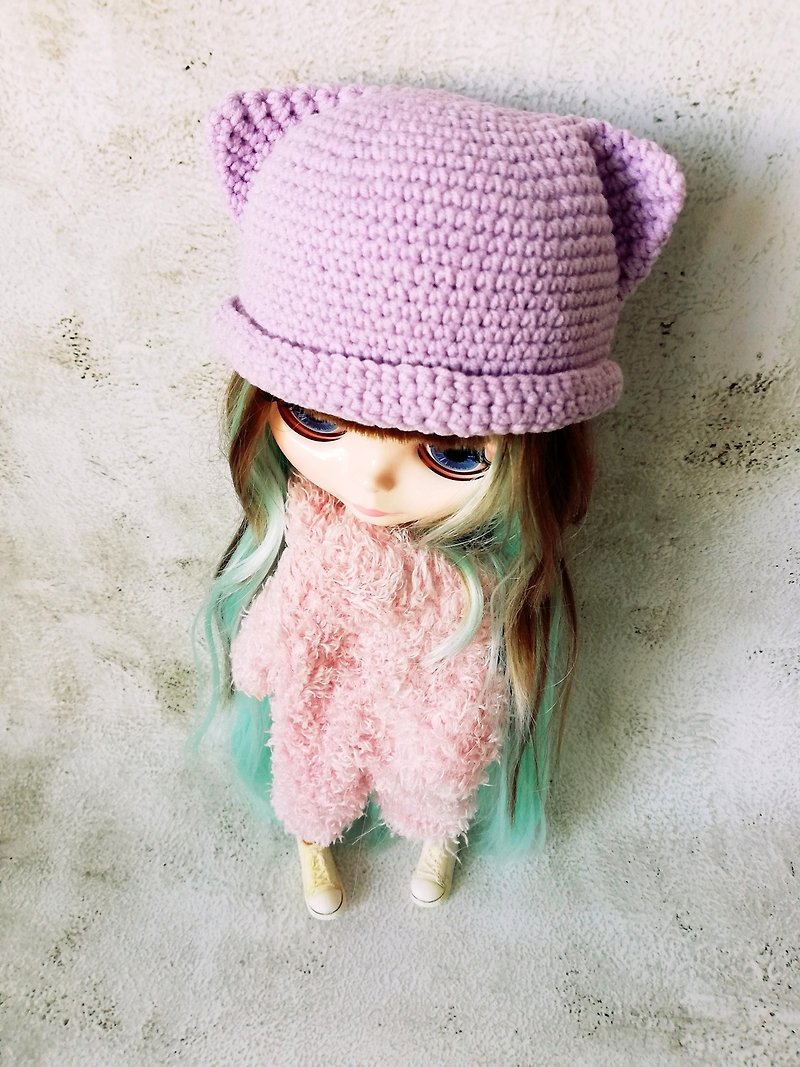 Blythe hat crochet lilac Cat - Stuffed Dolls & Figurines - Cotton & Hemp Purple