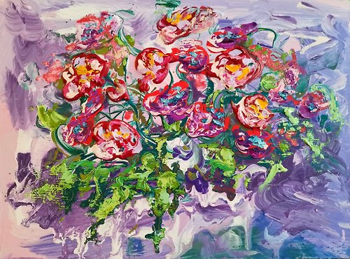 Original oil painting artist Svinar Oksana Bouquet Flowers Impasto Red Roses Painting Original Art Artist Svinar Oksana