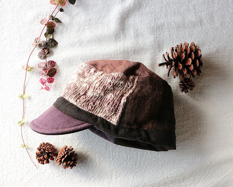 藤色ニットと布のワークキャップ - 帽子 - 棉．麻 紫色