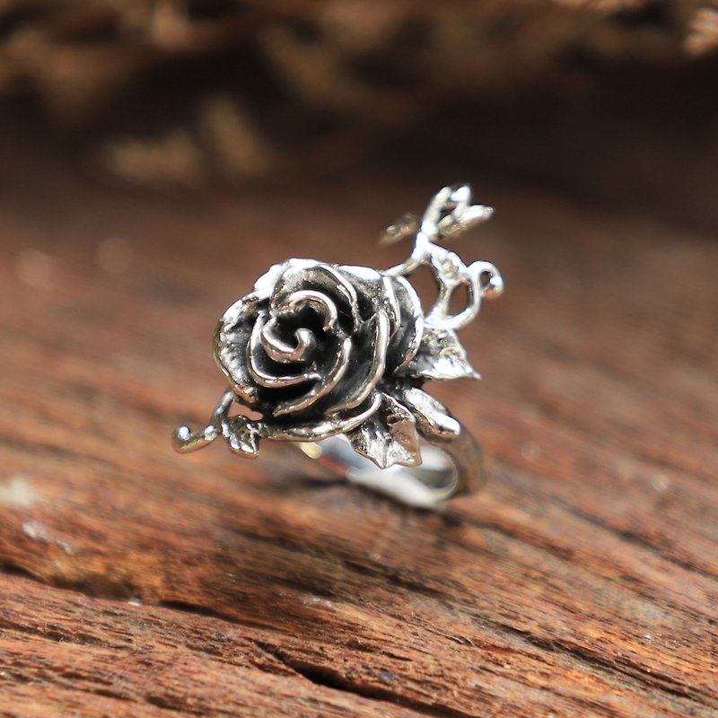Rose leaf Vine Ring unisex sterling silver 925 nature twig flower boho gothic - General Rings - Other Metals Silver