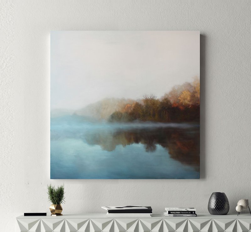 Landscape Painting | Landscape Oil Painting | River on Canvas | Morning fog - 壁貼/牆壁裝飾 - 棉．麻 藍色