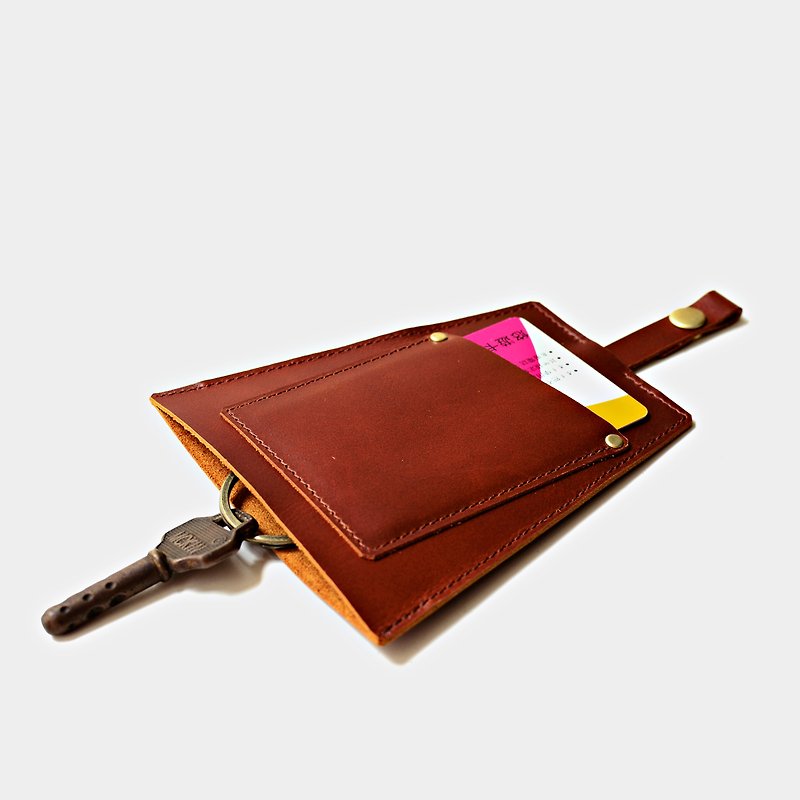 [Road home for the yellow boy] cowhide key case, reddish brown leather, can be put on the card, leisure card, credit card custom lettering, as a gift, Valentine’s Day gift - Keychains - Genuine Leather Brown