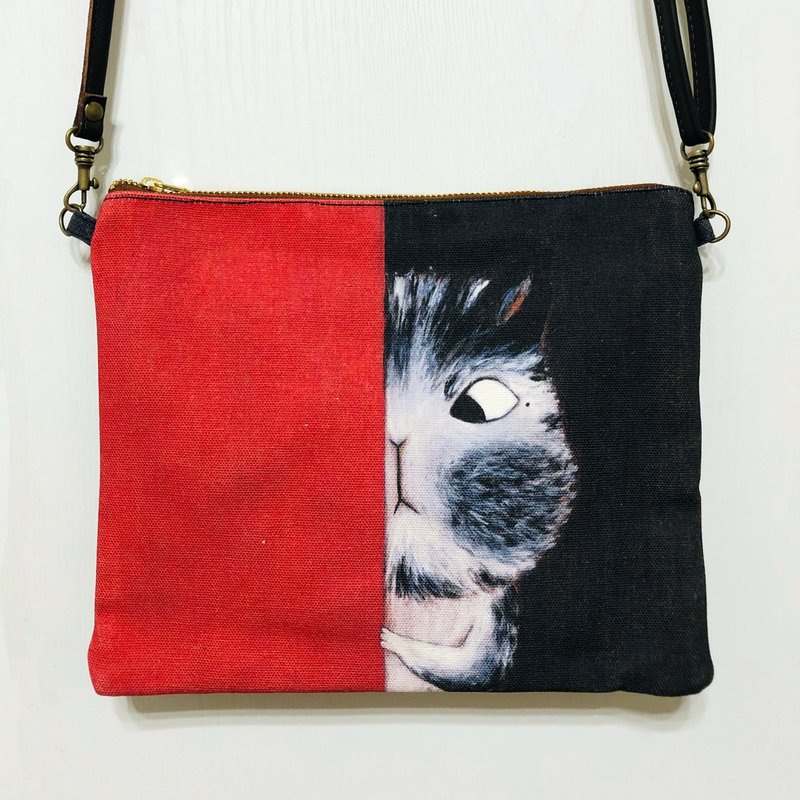 emmaAparty illustration cross-body bag: peeking at the cat - Messenger Bags & Sling Bags - Cotton & Hemp Red