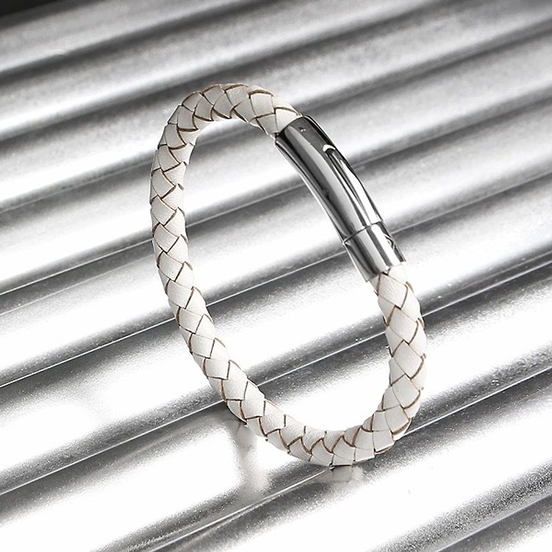 白鋼皮繩編織手環 Solo Stainless Steel Weave Leather Bracelet - 手鍊/手環 - 真皮 