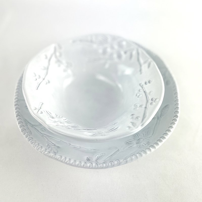 【超值優惠組合】純白花朵系列 2件組(麥片碗+湯盤) - 盤子/餐盤/盤架 - 陶 白色