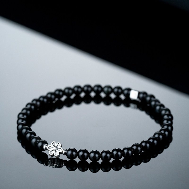 Obsidian | Small Flower Silver Jewelry | Design | Natural Energy Bracelet | 4-5mm - Bracelets - Crystal Black