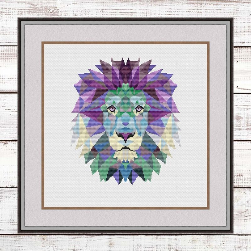 Geometric Lion cross stitch pattern modern, Geometric animals cross stitch chart - 手工藝教學/工具書 - 其他材質 