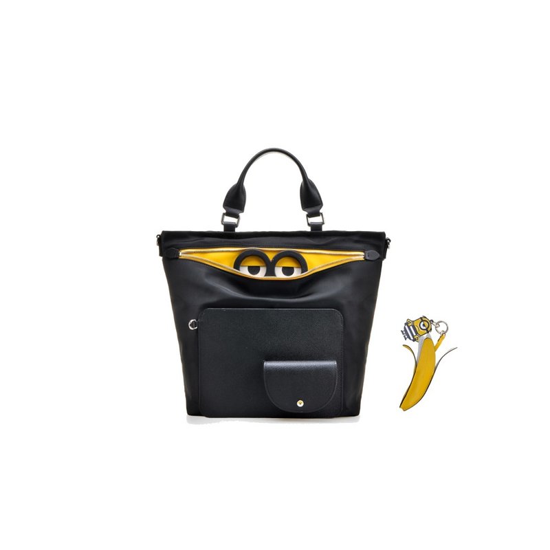 Minions Jacquard with Leather Top Handle Handbag - Handbags & Totes - Genuine Leather Black