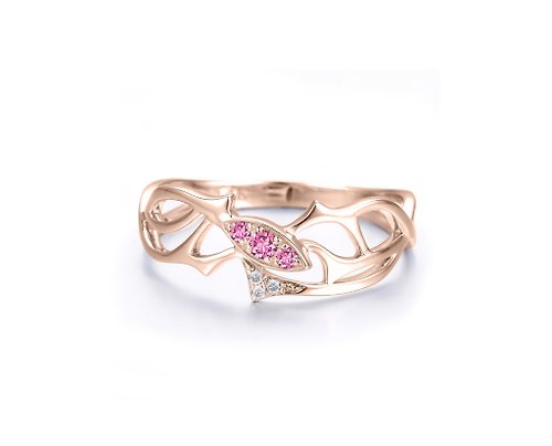 Majade Jewelry Design 粉紅寶石14k鑽石馬眼形訂婚戒指 樹枝造型求婚鑽戒 荊棘結婚戒指