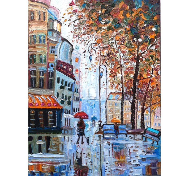 原創畫 Raining Art Painting City  Original Art  Oil On Canvas - ตกแต่งผนัง - วัสดุอื่นๆ สีเทา