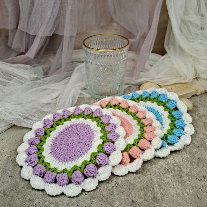 鬱金香杯墊 鈎織杯墊 情人節禮物 家居擺設 生日禮物 - 杯墊 - 棉．麻 粉紅色