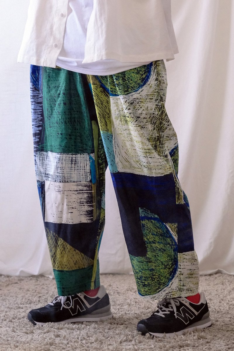 Chitose Green and Blue Brushstroke Painting Wide Pants - กางเกงขายาว - ผ้าฝ้าย/ผ้าลินิน หลากหลายสี