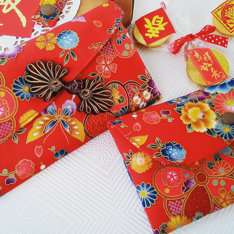 幸運な花の蝶 - ダブル赤の袋のグループ/お金の母の赤い袋/通帳袋に銅の花良いこと - ご祝儀袋・ポチ袋 - コットン・麻 レッド