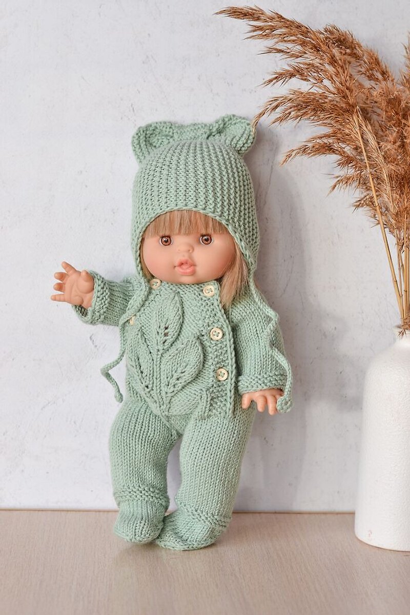 Knitted set for Paola Reina / Minikane,jumpsuit and hat,clothes for 13 inch doll - ของเล่นเด็ก - ผ้าฝ้าย/ผ้าลินิน สีเขียว