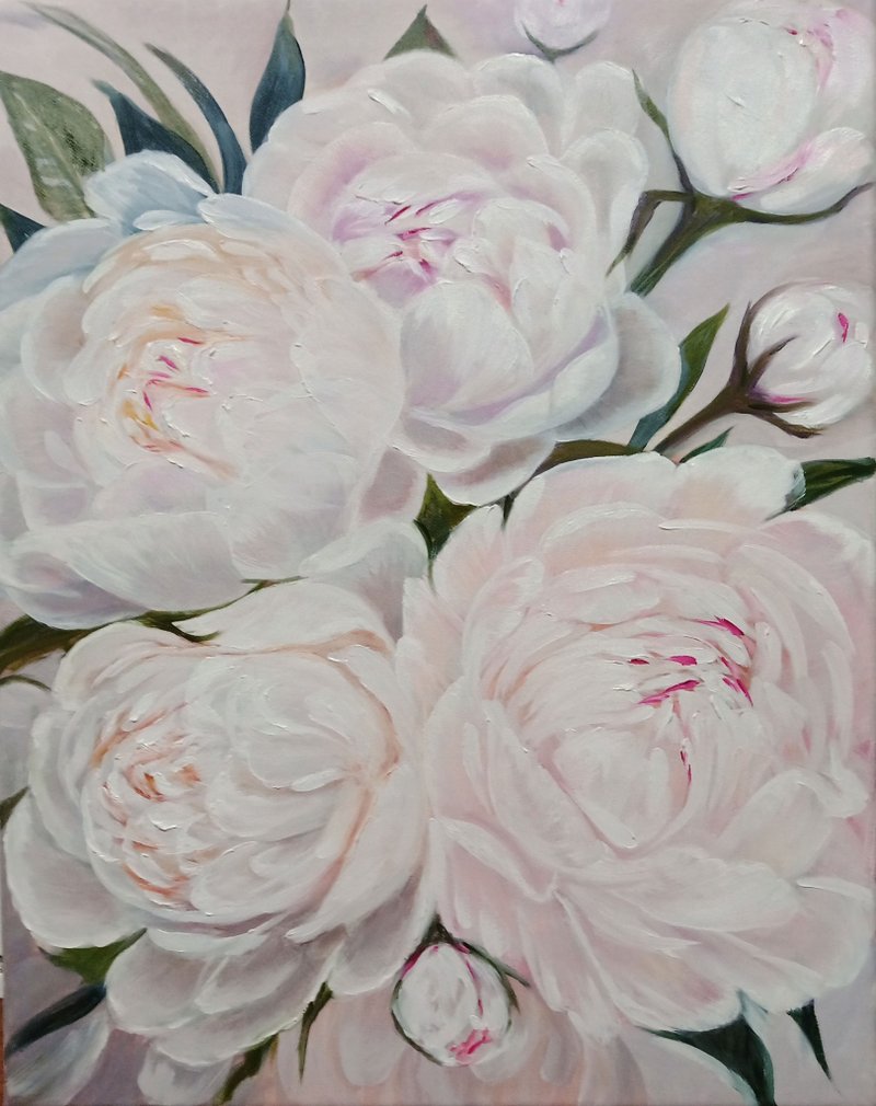 粉紅牡丹畫 原創藝術 花卉藝術 印象派油畫 - 壁貼/牆壁裝飾 - 棉．麻 白色