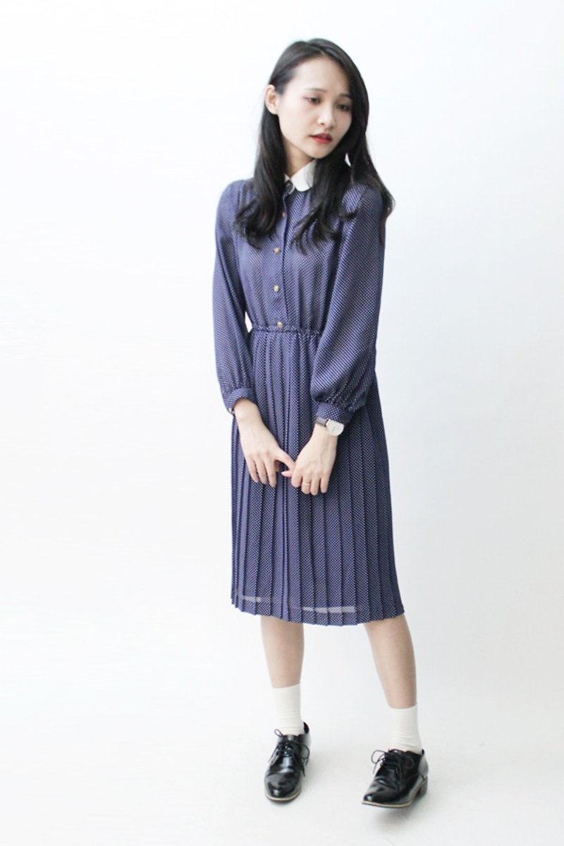 [RE0921D898] autumn blue bottom minimalist elegance Shuiyu little long-sleeved vintage dress - One Piece Dresses - Polyester Blue