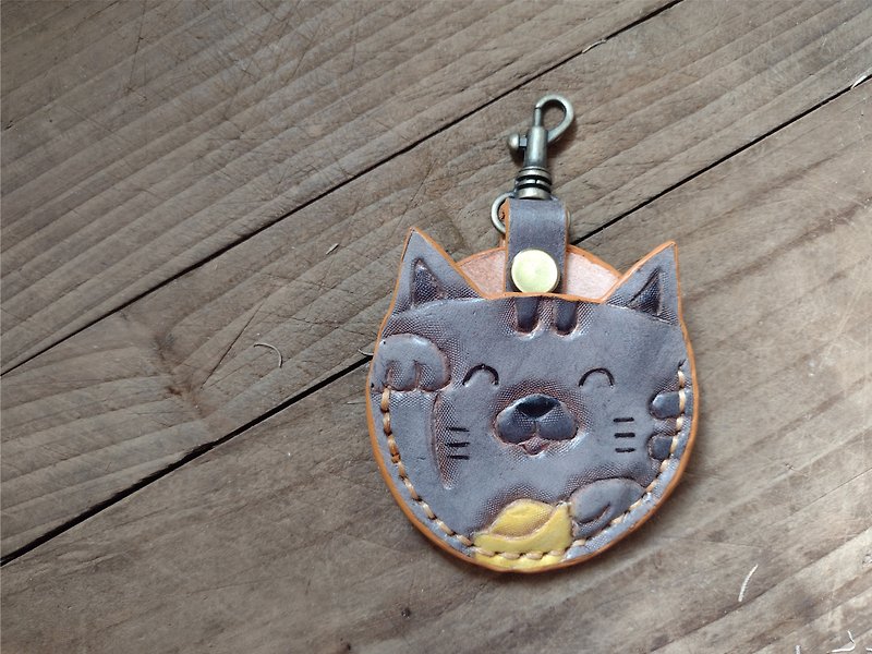 Cute Lucky Smiling Cat Gogoro Key Monarch Grey Pure Cowhide Leather Case - Keychains - Genuine Leather Gray