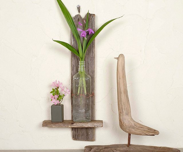 板流木と浜辺の漂着びんの花器、フラワーベース 一輪挿し 木の花瓶 ...