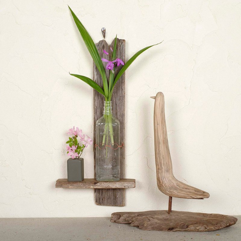 wood board and bottle stranded on the beach, flower vase, single flower vase - เซรามิก - ไม้ สีนำ้ตาล