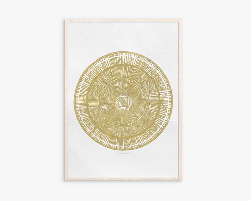 Large linocut print Yellow geometric bohemian circle Original artwork Bedroom - Posters - Paper Yellow