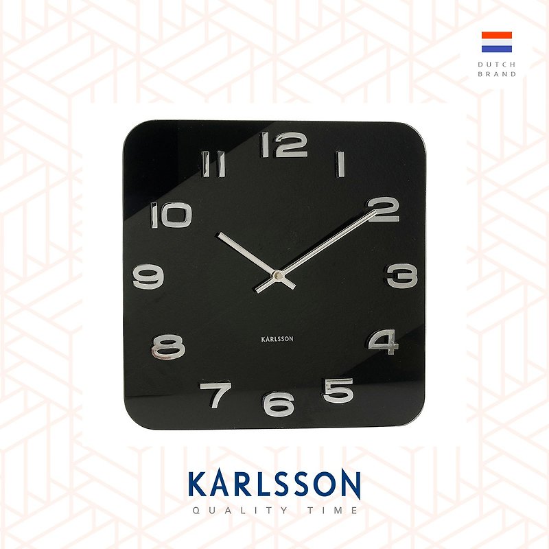 オランダのカールソンガラスブラックスクエアウォールクロックヴィンテージシルバーナンバー - 時計 - ガラス ブラック