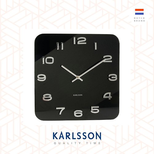 Ur Lifestyle 荷蘭Karlsson 玻璃黑色方形掛鐘Vintage 配銀色數字