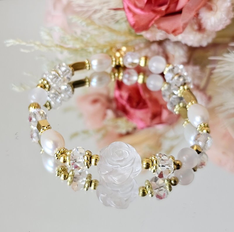 玫瑰雕花款-安心-高階黃銅款 白水晶/天然淡水珍珠/白瑪瑙 - 手鍊/手環 - 水晶 白色
