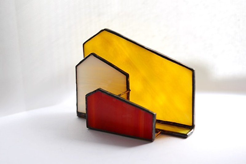 House Sunset cabin stained glass business card holder - Items for Display - Glass Yellow