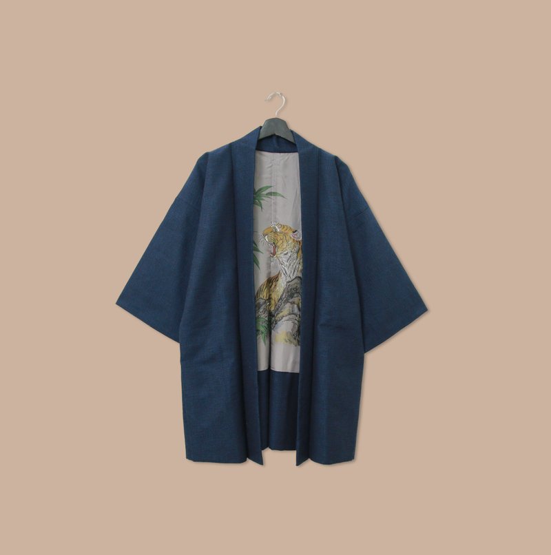 Back to Green-日本男款羽織 林中 石 虎M-08/vintage kimono - 男夾克/外套 - 絲．絹 