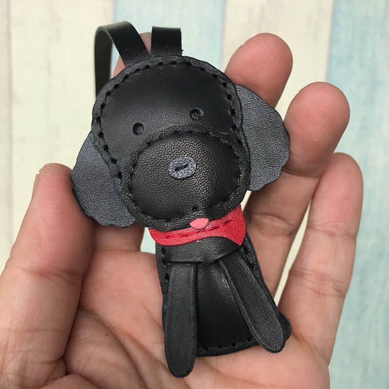Black cute poodle handmade sewn leather charm small size - ที่ห้อยกุญแจ - หนังแท้ สีดำ