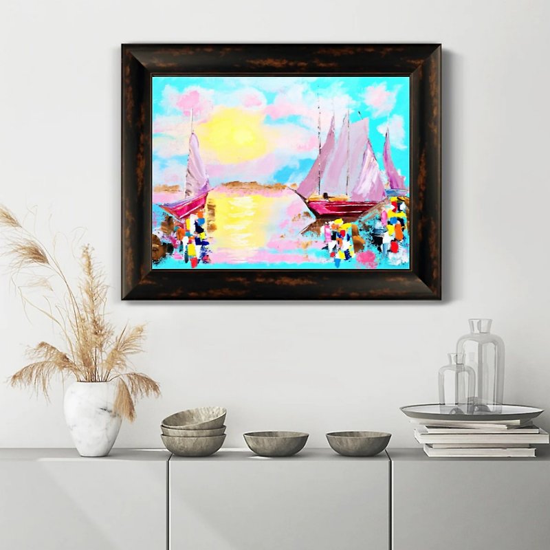 Sailboat Painting,Seascape Original Art,Boat Painting,Travel Artwork,Home Decor - Posters - Cotton & Hemp Multicolor