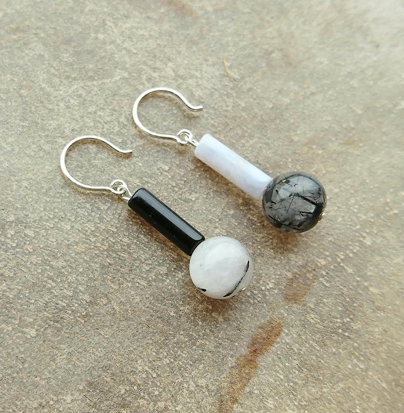 黑白髮晶純銀耳環 - 耳環/耳夾 - 寶石 