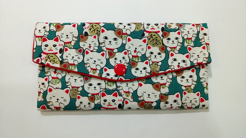 Lucky double red envelope bag / passbook storage bag (07 Lucky cat collection) - กระเป๋าสตางค์ - ผ้าฝ้าย/ผ้าลินิน สีเขียว
