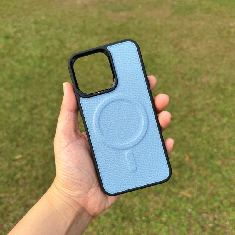 【Magsafe iPhone Case】Light Blue Saffiano | Shockproof | Personalized Engraved - Phone Cases - Genuine Leather Blue