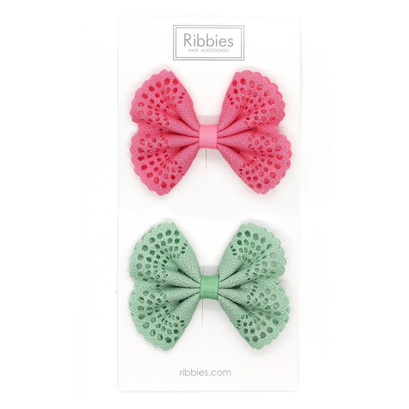 British Ribbies Elegant Hole Bow Hairpin (2pcs)-Coral Red/Pink Green - Hair Accessories - Polyester 